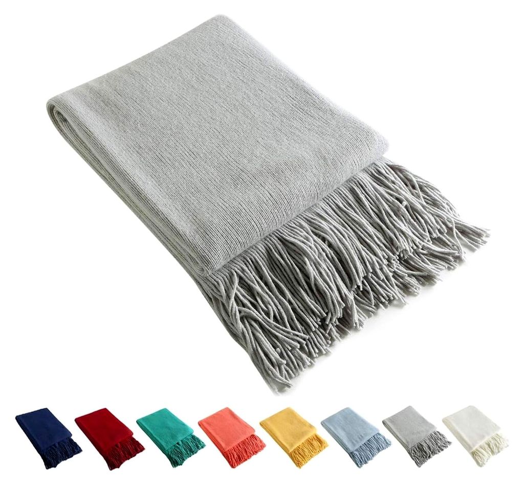 Dekorative gestrickte Überwurfdecke mit Fransen, weiche Quasten-Decke für Couch, Sofa, Bett (Hellgrau, 127 x 152 cm)