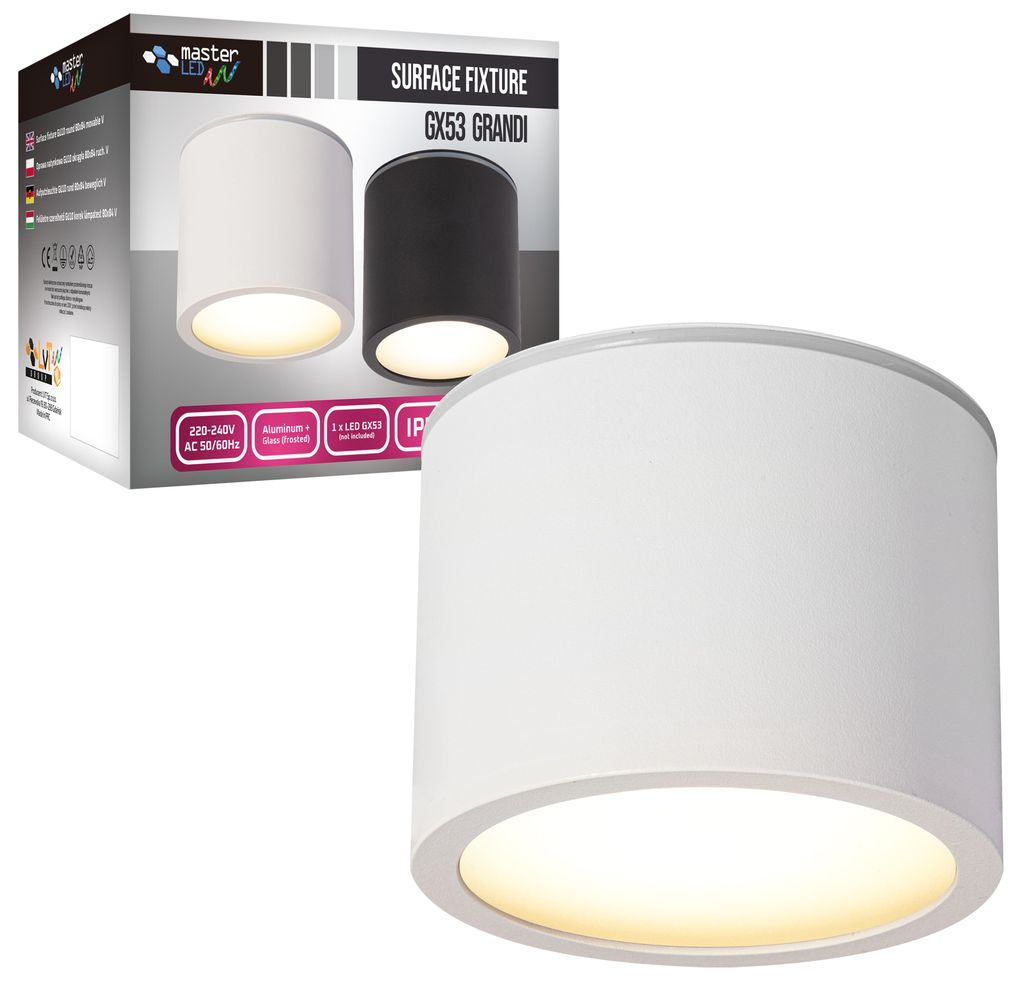 A product shot of a white ceiling light fixture, with its packaging in the background.