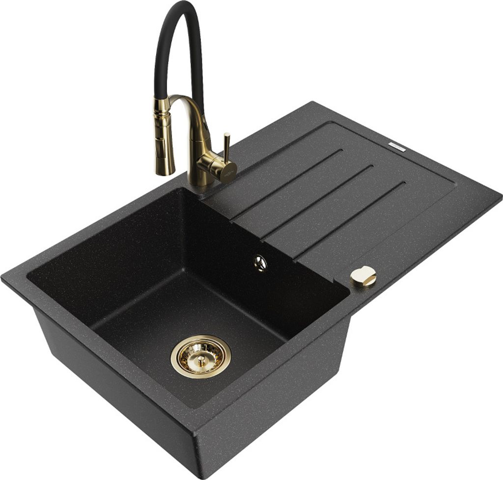 Mexen Bruno 1 Becken-Granitspüle mit Abtropffläche und Mischbatterie Aster, Schwarz/Silbermetallic - 6513-73-73450-57-G