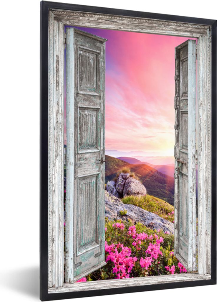 MuchoWow Gerahmtes Poster Berge - Landschaft - Aussicht - Blumen 60x90 cm - Poster mit Schwarzem Bilderrahmen Wandposter Rahmen Foto Bilder - Kunst