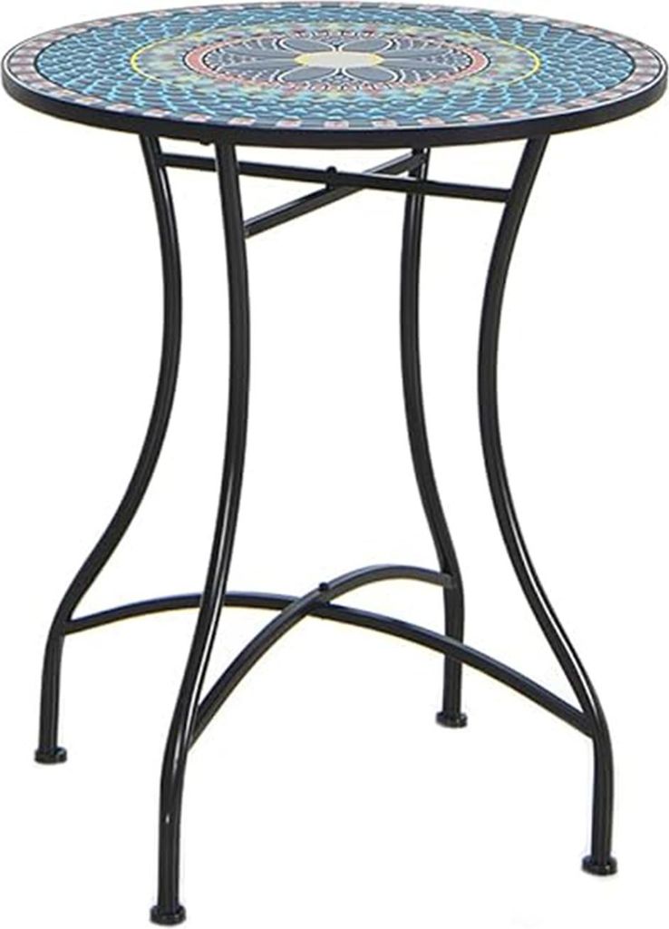 A round mosaic-topped table with black metal legs, isolated on a white background.