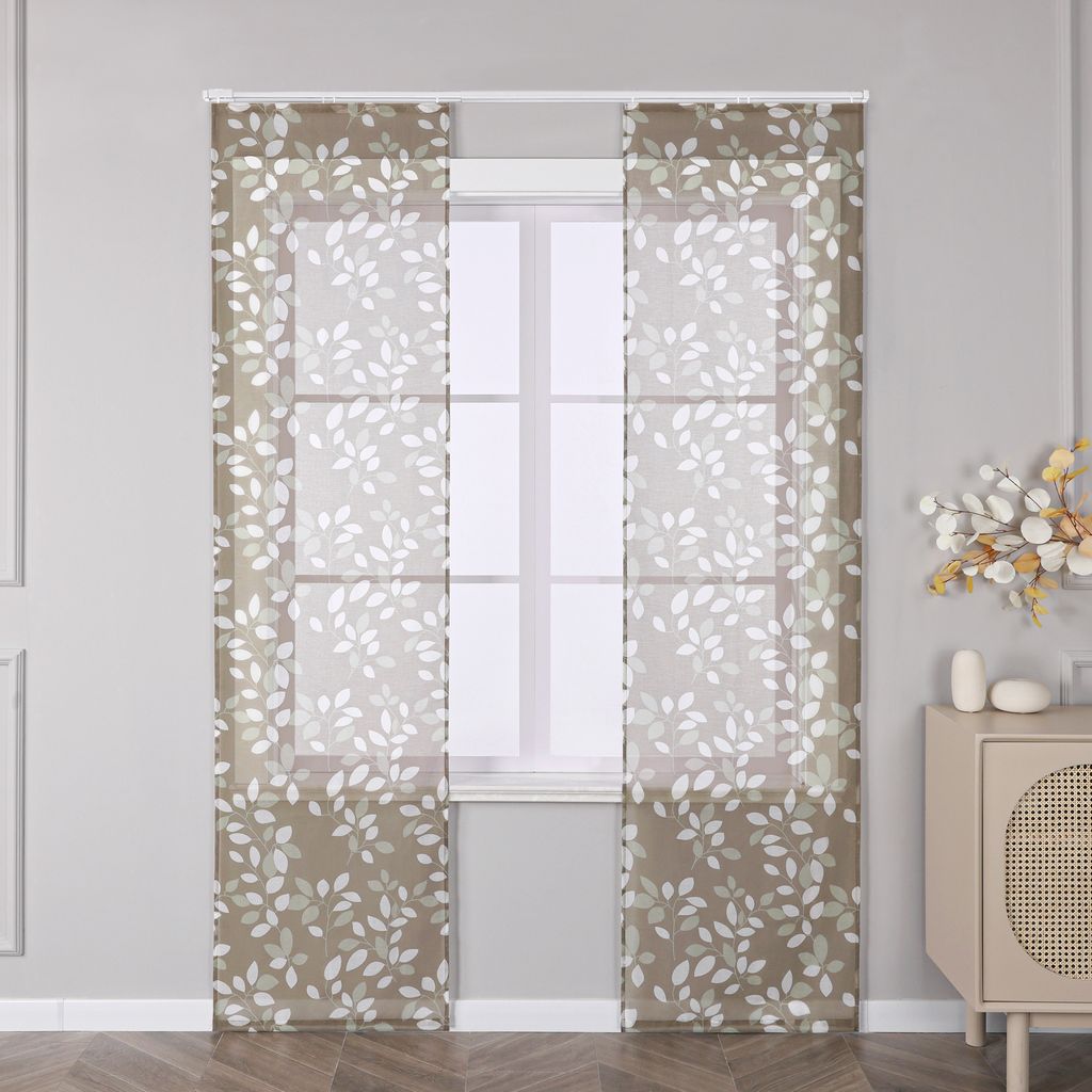 Joyswahl Schiebegardine mit Klettband Flächenvorhang mit Blattmuster transparent HxB 245x57 cm Braun 2 Stück