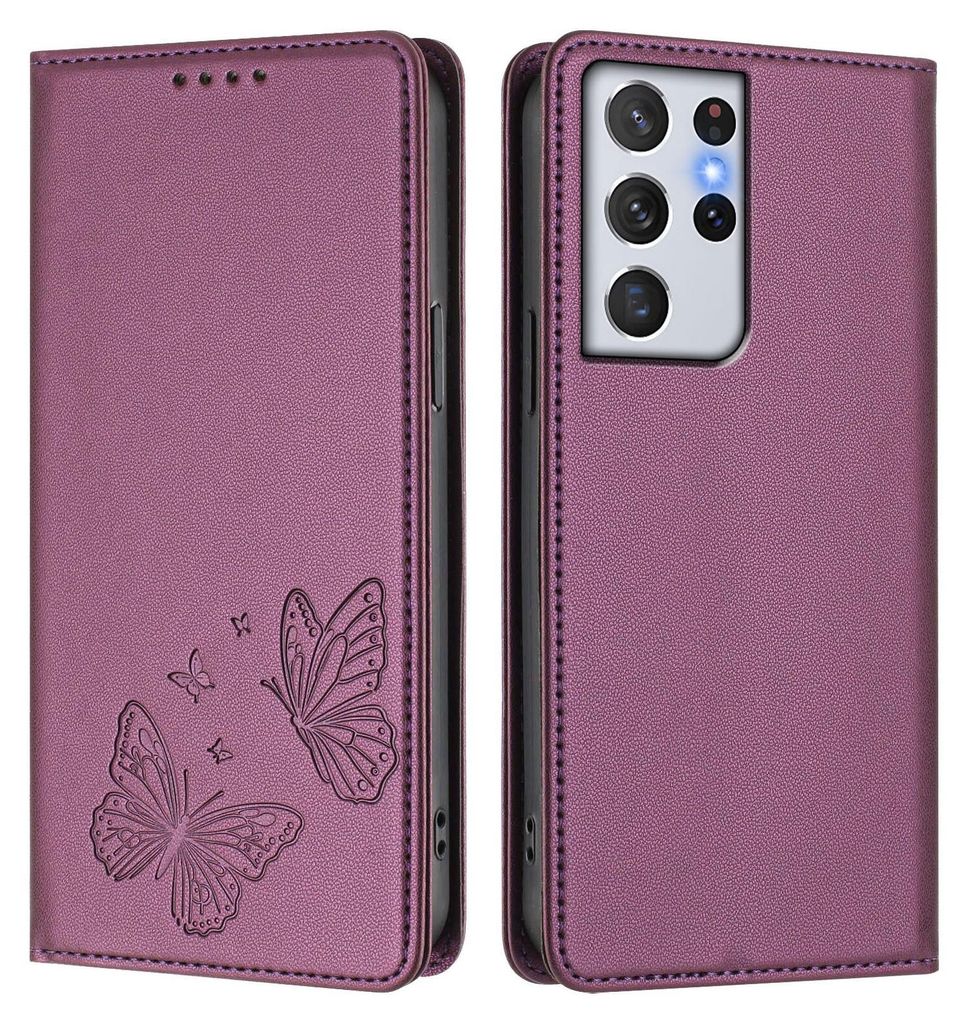 Lederhülle für Samsung Galaxy S21 Ultra 5G, Schmetterling Prägung Leder Brieftasche Schutzhülle mit Ständer Lila