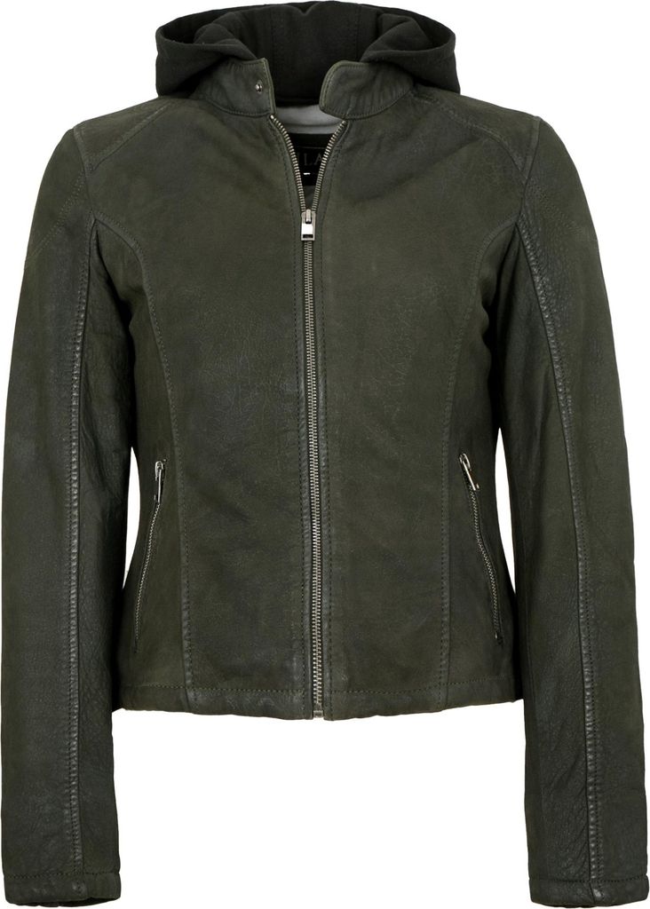 Jilani - Damen Lederjacke Kapuze Lammleder dunkelgrün : 36