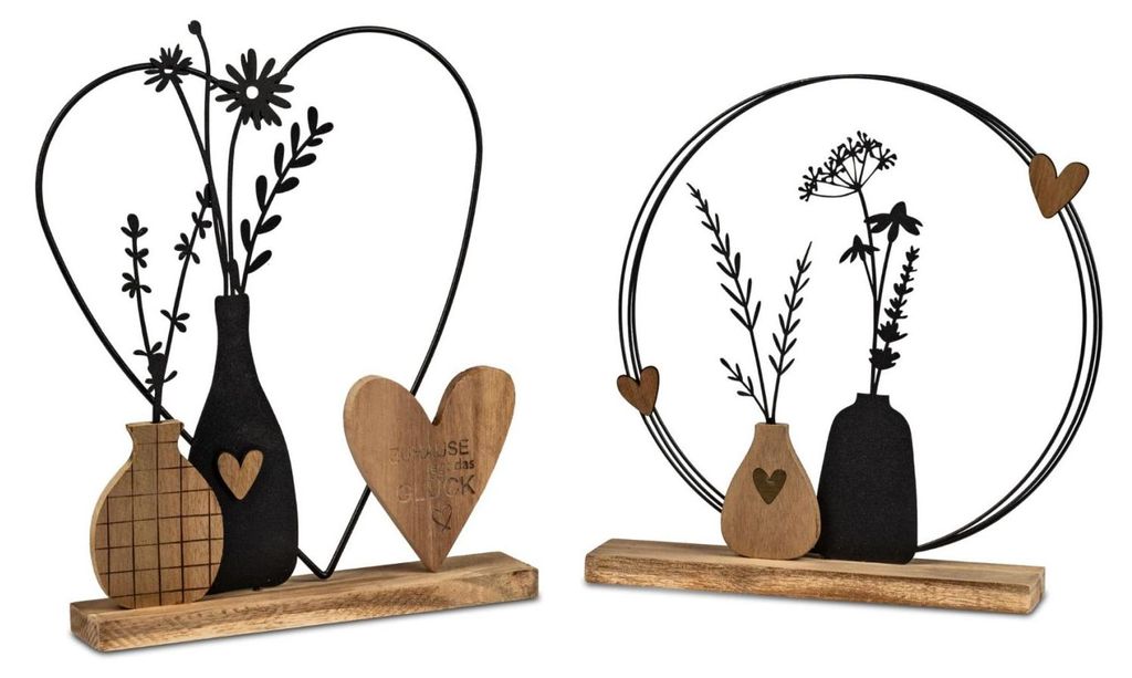 2er Set Dekoobjekte Vasen auf Sockel H. 31cm Holz mit schwarzem Metall Formano