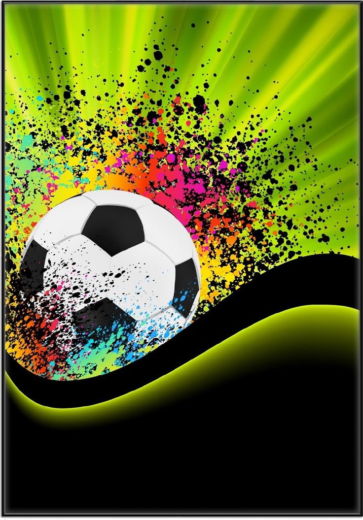 Wallario Wandbild Fußball - Design Wellen und Regenbogen in grün, Größe: 70,30 x 100,30 cm, Poster mit schwarzem Aluminiumrahmen