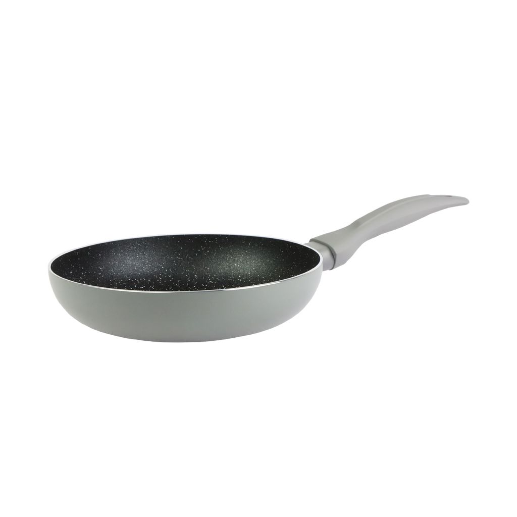 A gray frying pan with a black interior is shown against a white background.
