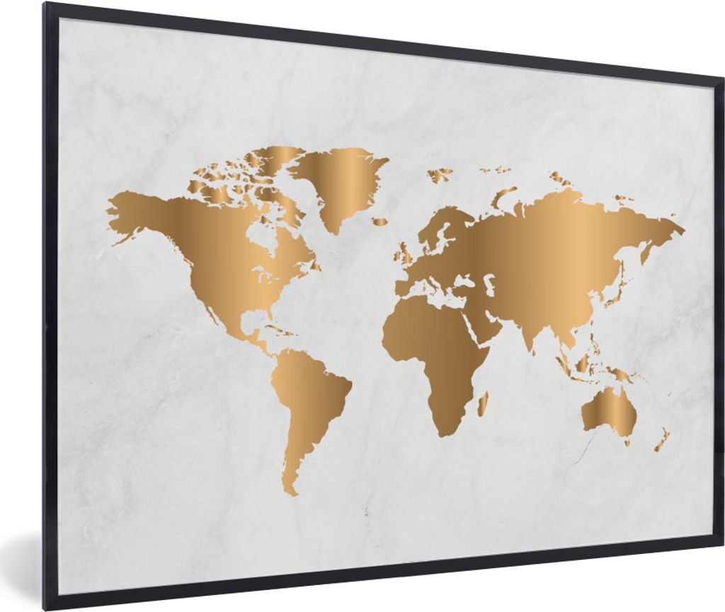 MuchoWow Gerahmtes Poster Weltkarte - Gold - Marmoroptik - Luxus - Design 60x40 cm - Poster mit Schwarzem Bilderrahmen Wandposter Rahmen Foto Bil...
