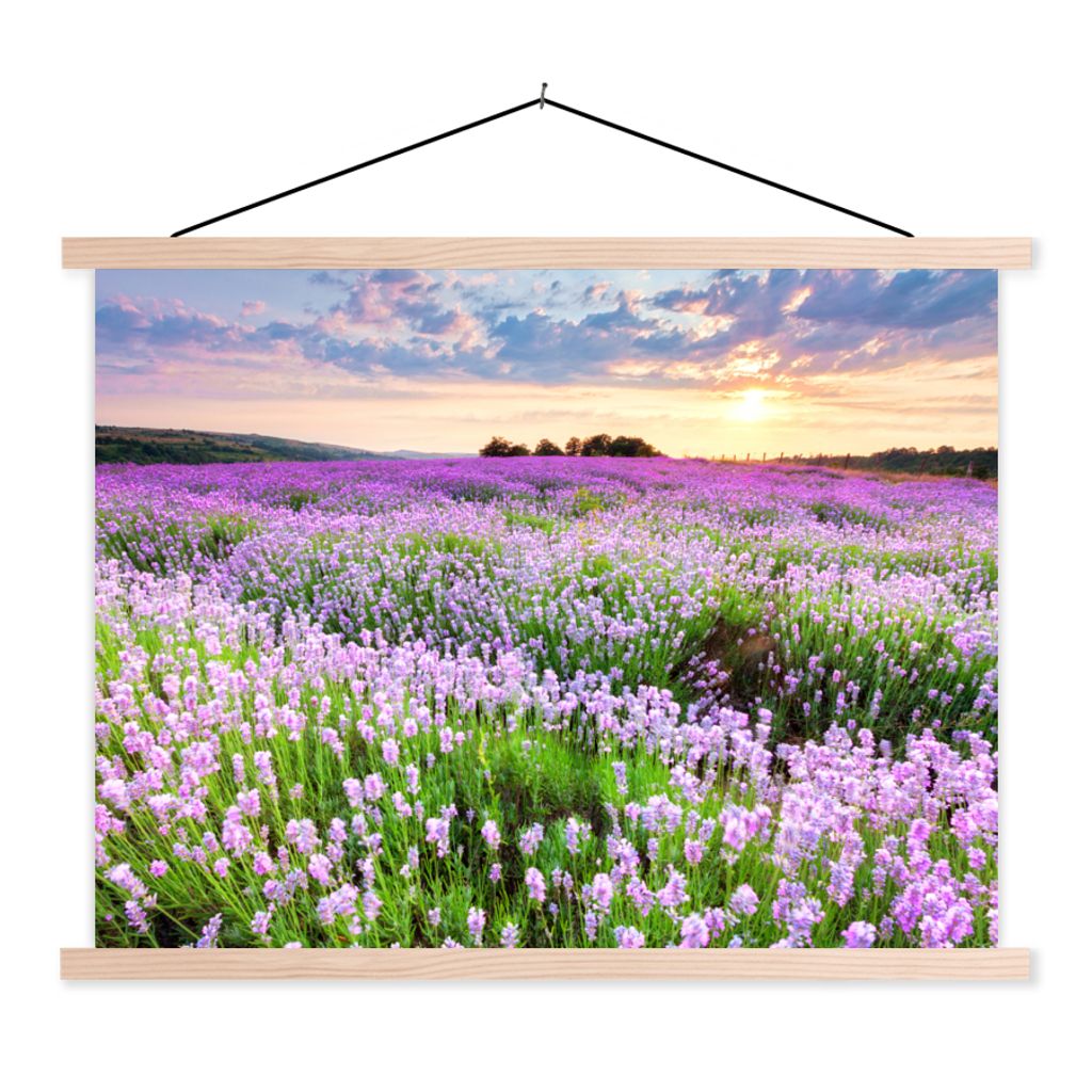 MuchoWow Textilposter Blumen - Lavendel - Lila - Himmel - Sonnenuntergang - Wiese - Natur 60x45 cm mit holzfarbenen Rahmen - Bild