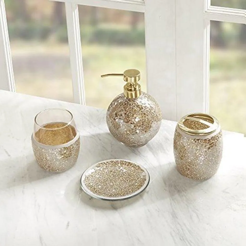 Accessoires de bain design doré et blanc avec plateau à bijoux intégré
