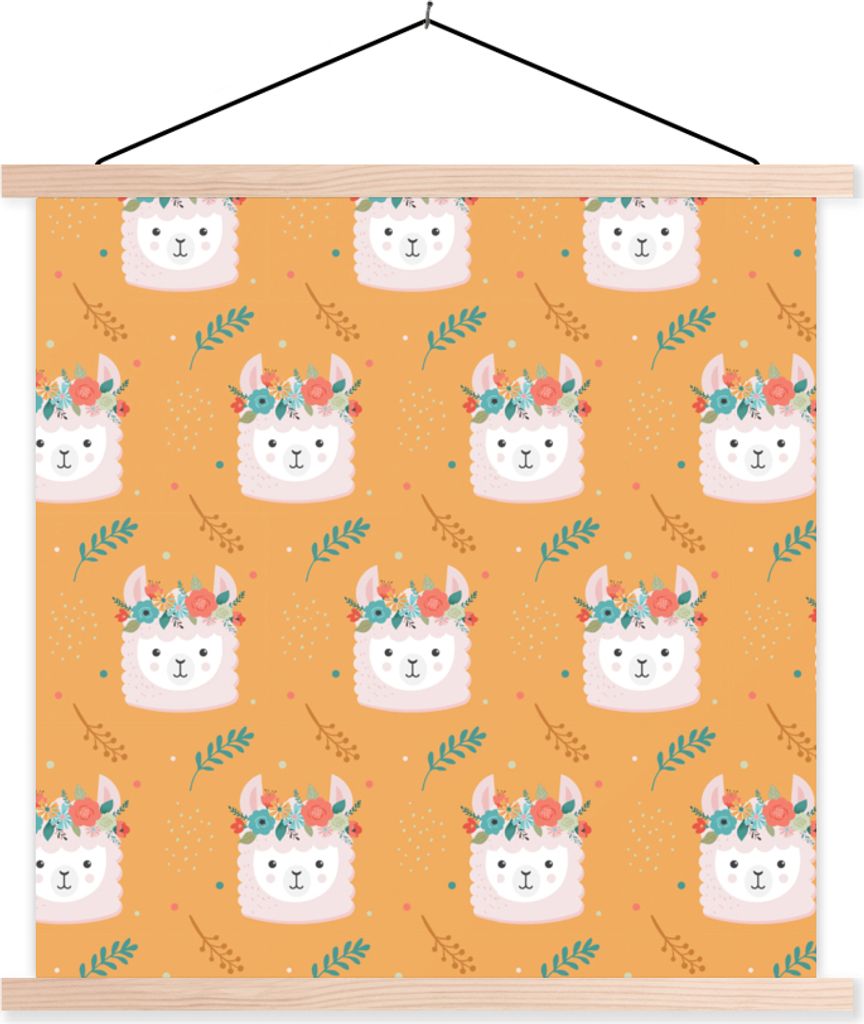 MuchoWow Textilposter Lama - Blumenkranz - Schnittmuster 40x40 cm mit holzfarbenen Rahmen - Posterleiste