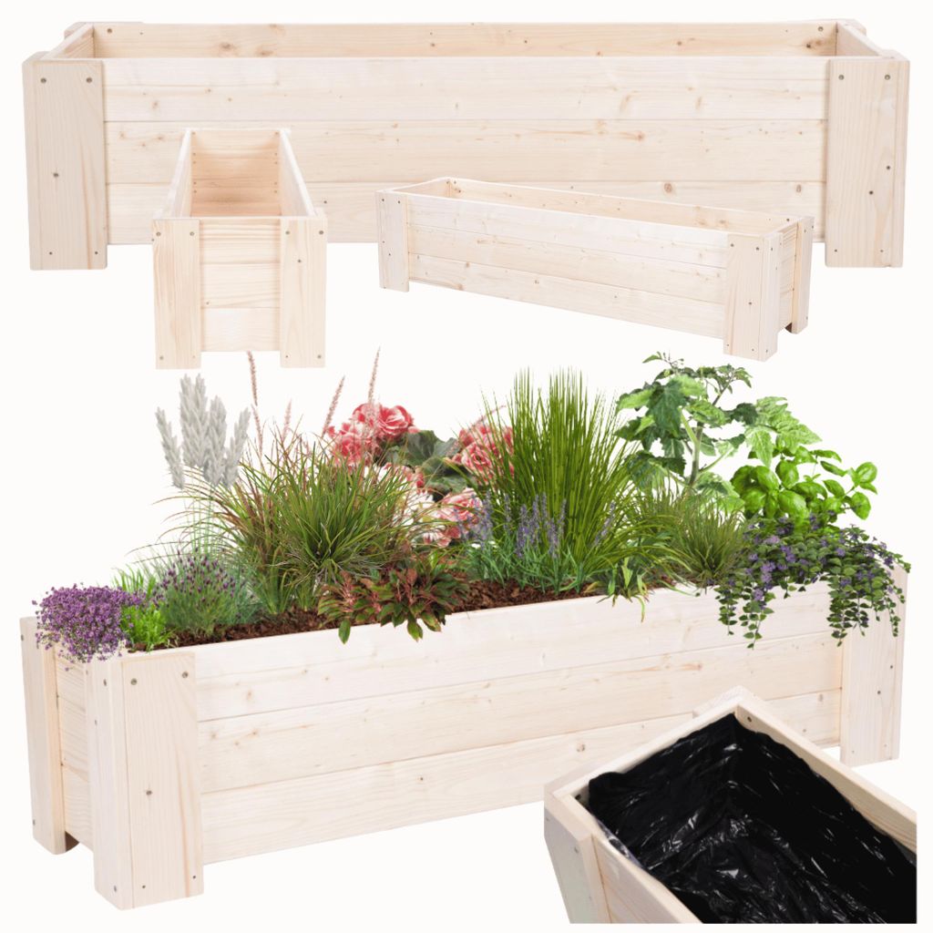 MODO24 Pflanzkübel Holz, Pflanzkasten, Blumenkasten, Kiefer, Schutzfolie, Wetterfest, Balkon, Garten, 30x137x33 cm, Natur unbehandelt, RDZP