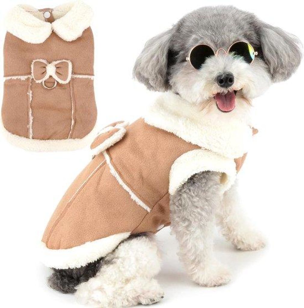 Wollenes Winterkleid für kleine Hunde und Katzen - mit D-Ringen und Schmetterlingsbesatz - warm und winddicht