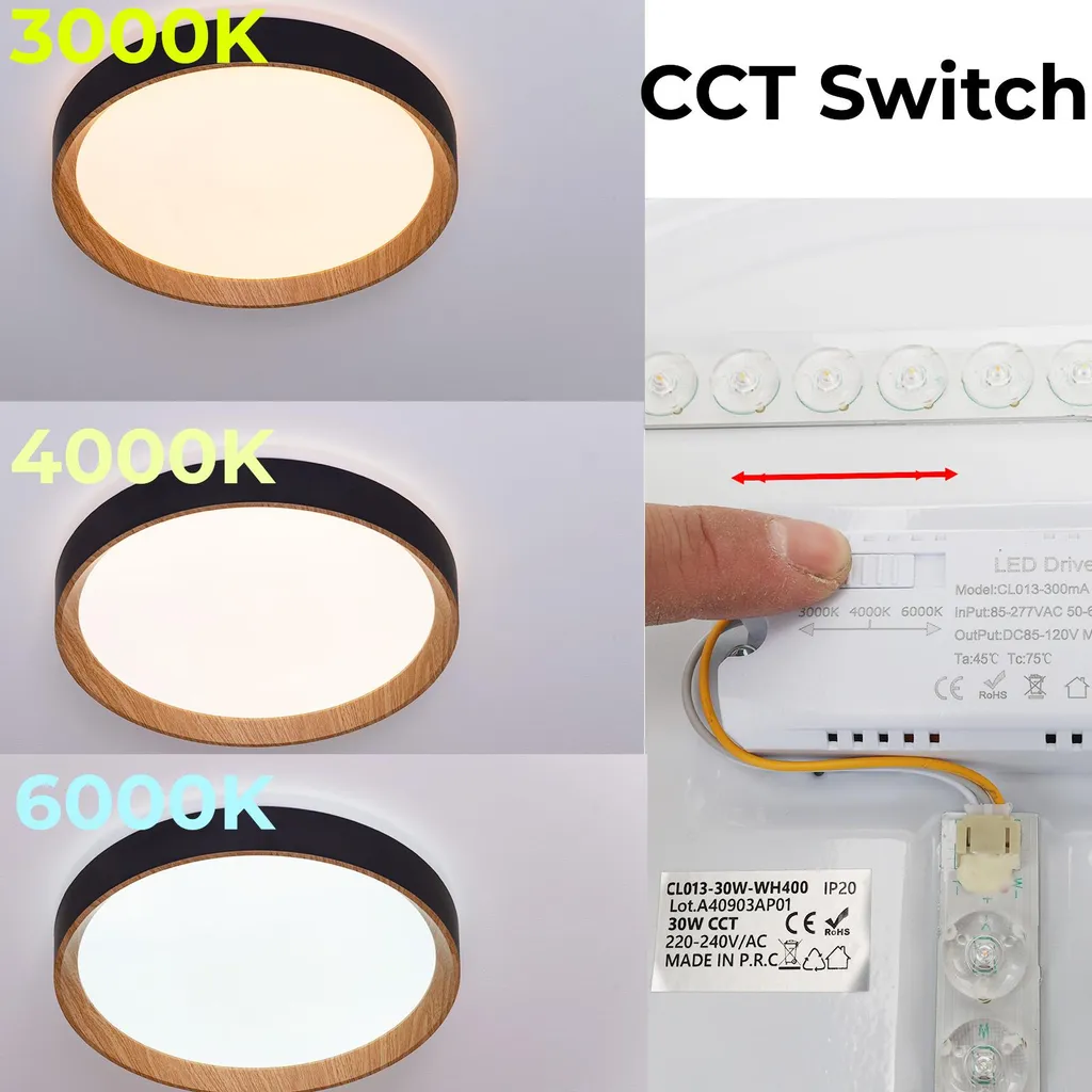 Plafonnier LED LUNADA 30W CCT : Éclairage Ajustable Noir et Bois Ø38 - 2