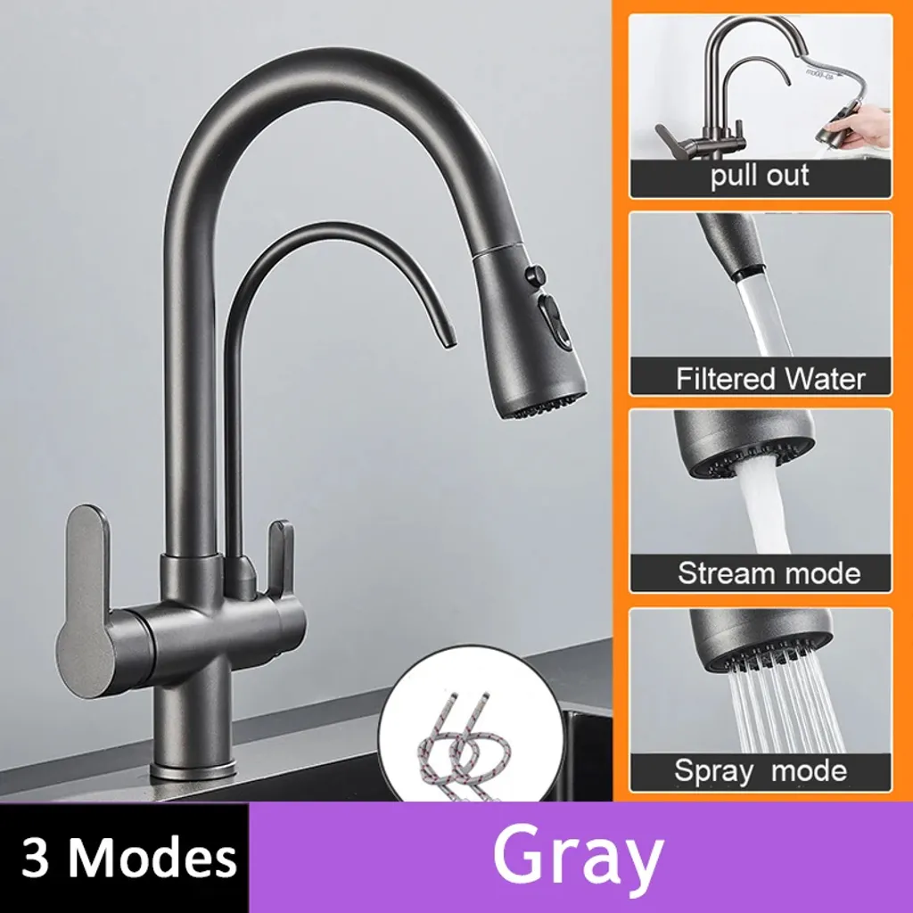 Rubinetto Cucina Cleaner Grigio B: Doppia Maniglia e Doccetta Pratica - 2