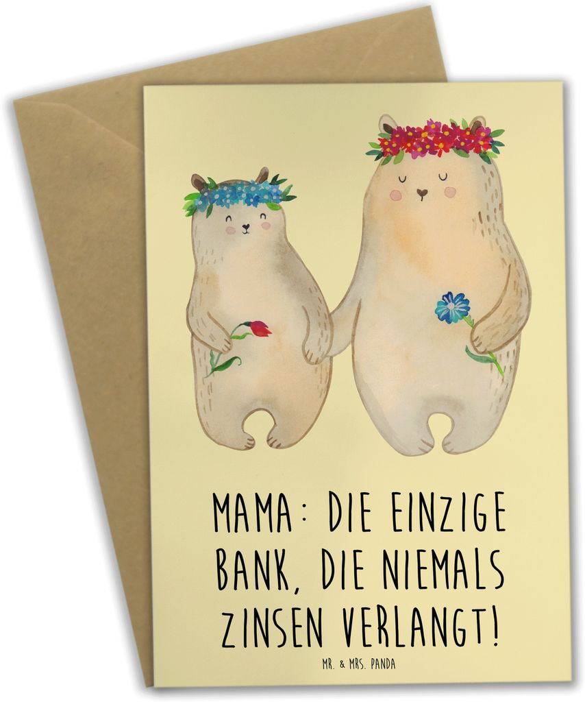 Mr. & Mrs. Panda Grußkarte Mutter Bank - Gelb Pastell - Geschenk, einzigartige Designs, Handarbeit, Lächeln, osterkarte, Muttertag, Grußkarten, ...