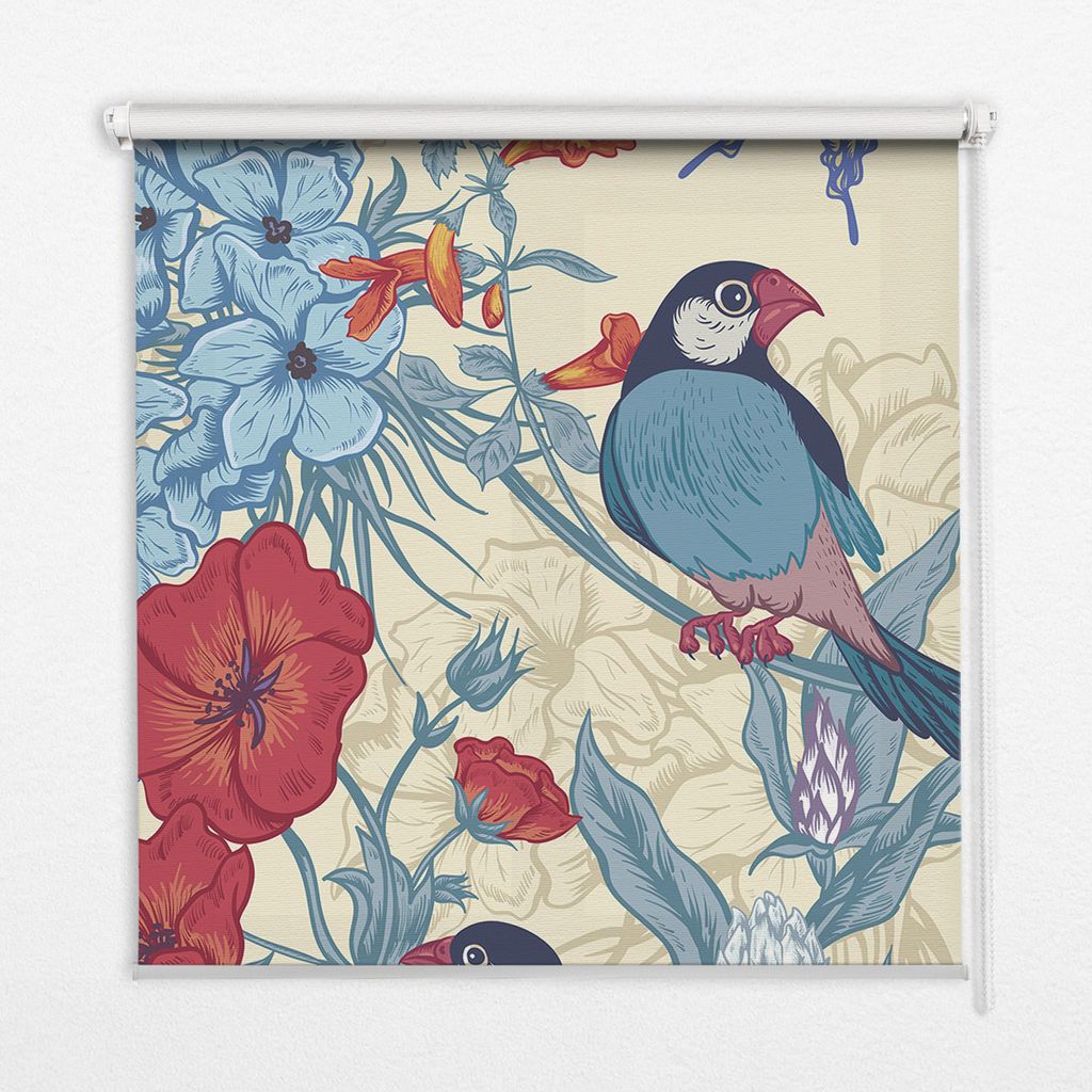 Seitenzug-Rollo Fensterrollo Jalousie - Thermo-Rollo Verdunkelungsrollo - 80x140 cm - Vögel inmitten der Blumen