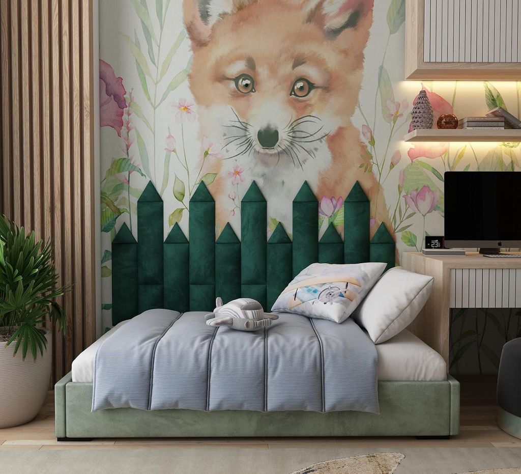 4er-Pack—Schmale gepolsterte Wandpaneele |Weiche Velours-Dekostreifen |Gepolsterte Kopfteil-Paneele für Kinderzimmer [Grün | 4xTriangle (16х16...