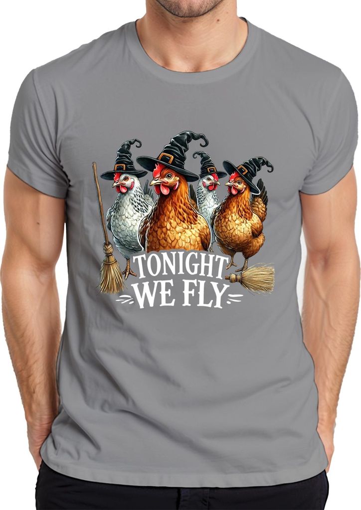 Tonight We Fly Hexenhühner Halloween Hexenhut Besen Spaß lustig Herren T-Shirt, Grau, XXL