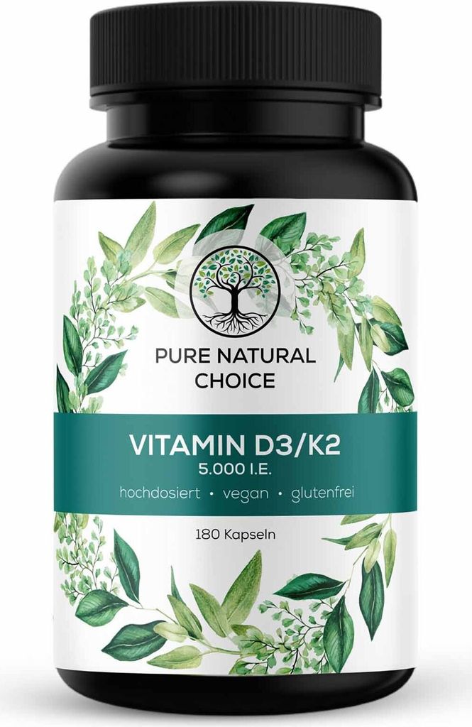 PURE NATURAL CHOICE | Vitamin D3 + K2 Depot: 5000 IE, 180 Kapseln – Spitzenqualität mit K2VITAL , 99,7+% All-Trans K2-MK7 – Hochdosiertes Vit...
