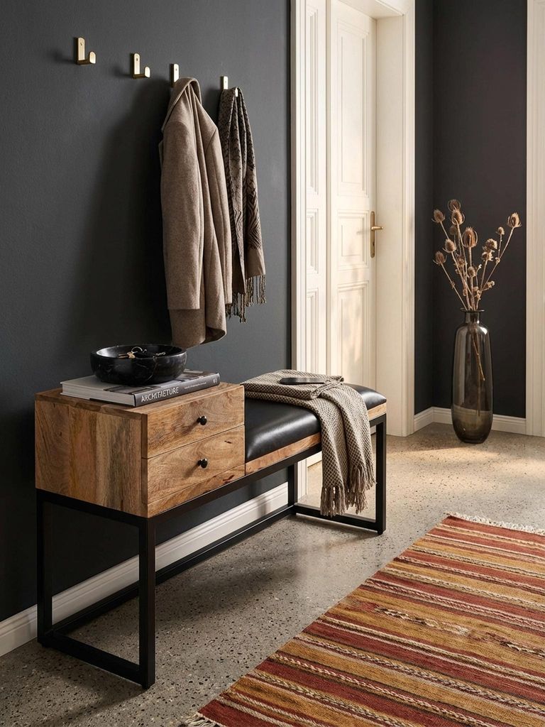 Sitzbank Ziegenleder / Massivholz Bank 100x60x35 cm im Retro Stil, Flur Polsterbank Metall mit Stauraum, Gepolsterte Lederbank Aufbewahrung Schwarz...