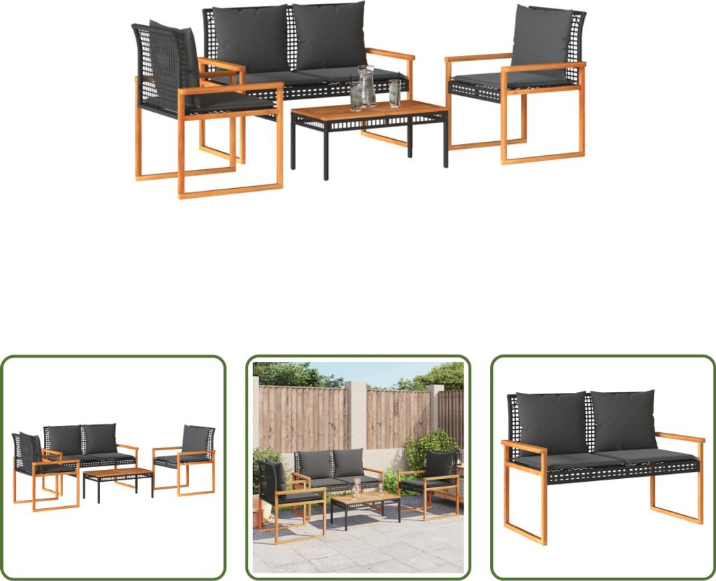 The Living Store 4-tlg. Garten-Lounge-Set mit Kissen Schwarz Poly Rattan