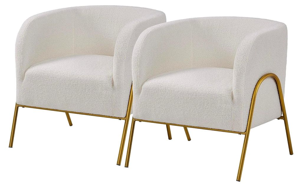 2er Set Loungesessel mit Fassrückenlehne und V-förmigen Metallbeinen aus Bouclé-Gewebe