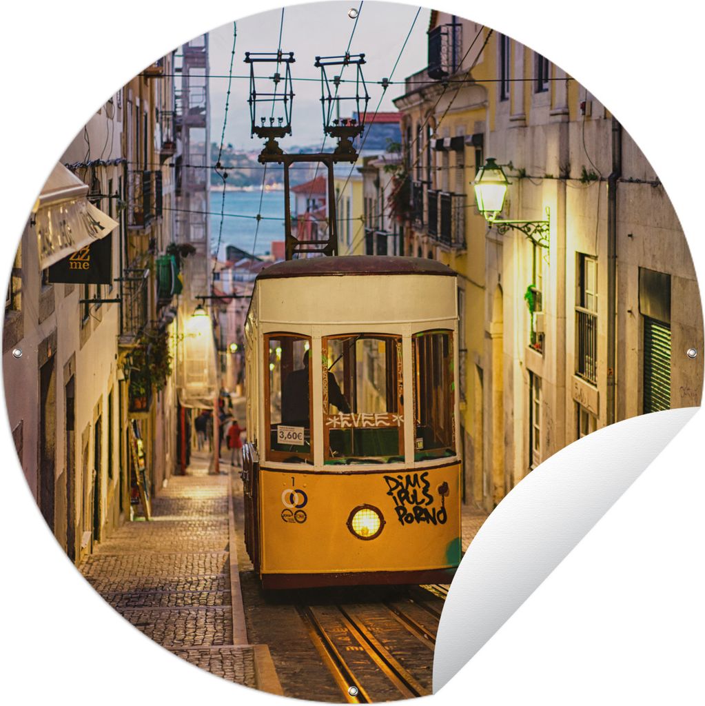 MuchoWow Gartenposter Outdoor-Poster Rund Die Seilbahn einer Straßenbahn in Lissabon bei Nacht Ø 90 cm Gartendeko Rundes Poster draußen