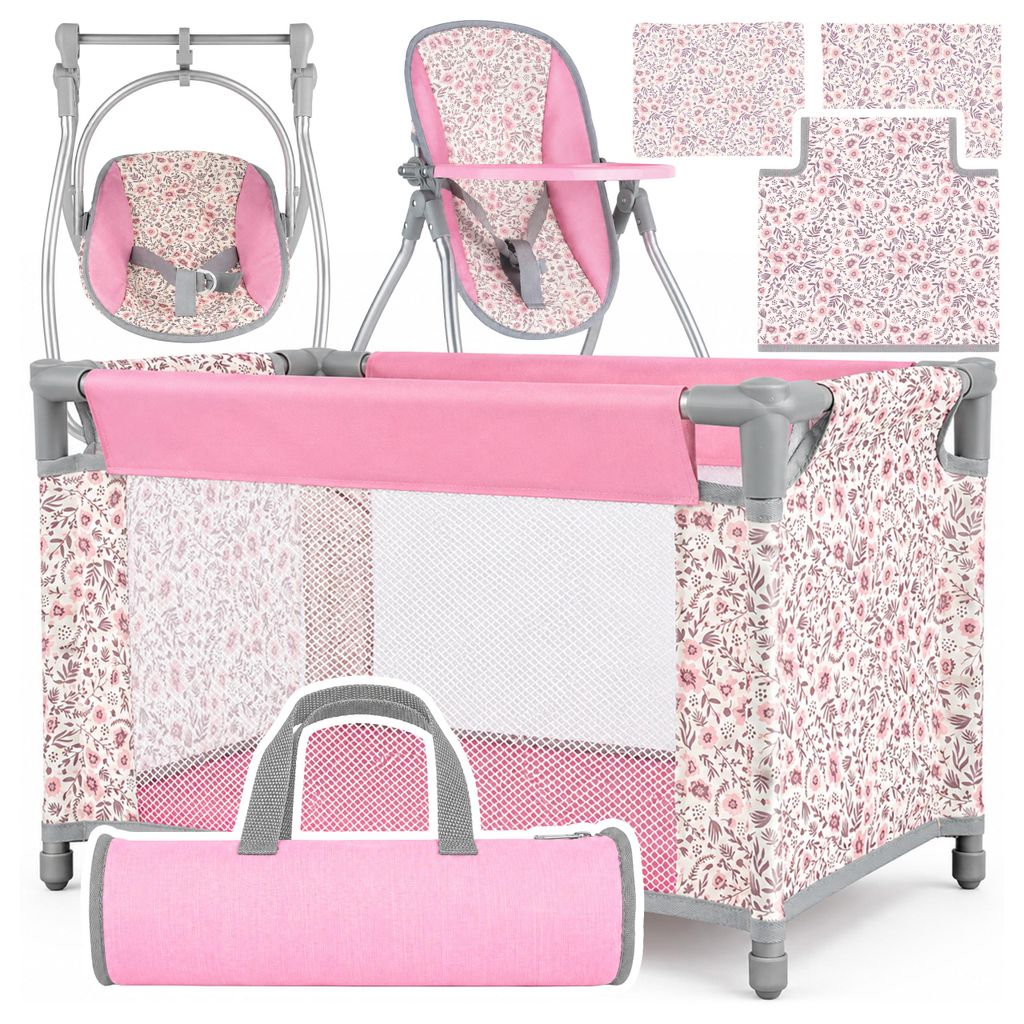 Malplay Pink Flowers Puppenbett Set 3in1, Reisebett für Produktbild 