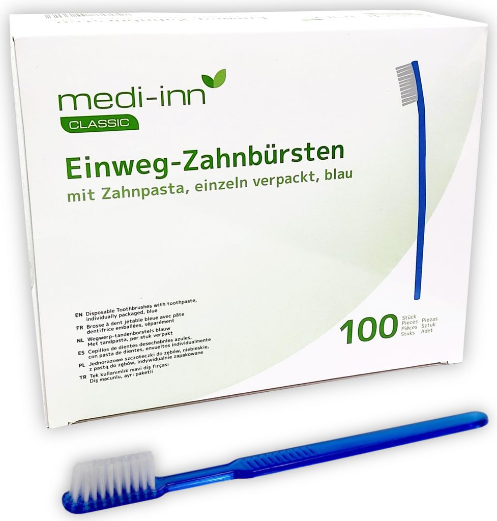 Medi-Inn Einmalzahnbürsten mit Zahnpasta, 1 x 100 Stück, einzeln hygienisch verpackt, blau