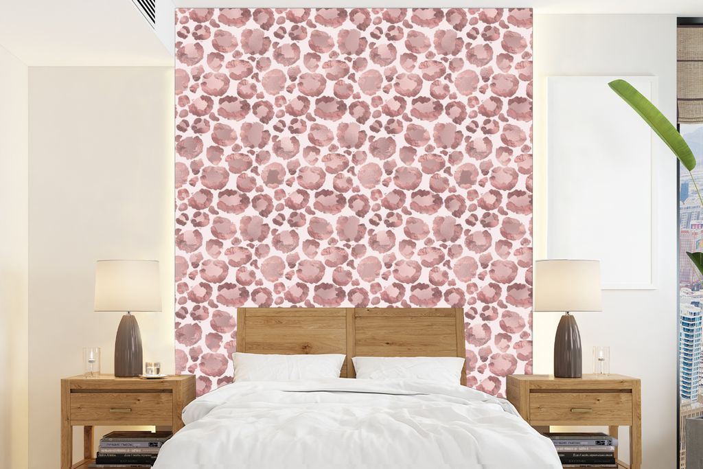 MuchoWow Fototapete für Wohnzimmer oder Schlafzimmer Wandtapete Vinyl Motivtapete Pantherdruck - Rosa - Aquarellfarbe - 205x280 cm - Wandbild