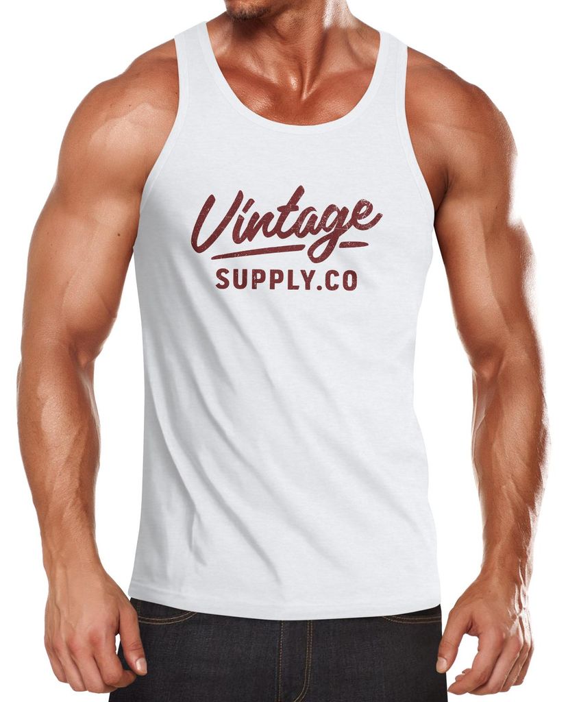 Herren Tank-Top Bedruckt Vintage Schriftzug Retro Design Aufdruck Print Muskelshirt Muscle Shirt Neverless weiß-rot XXL