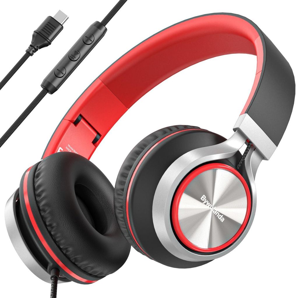 USB-C Kopfhörer mit Mikrofon & Lautstärkeregler, Over-Ear, faltbar, Stereo Headset für iPhone 15/16, Laptop, Tablet, Reisen, kabelgebunden Headset