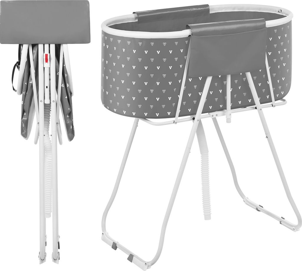 A folded baby bathtub and an open baby bathtub on a stand, shown from two different angles.