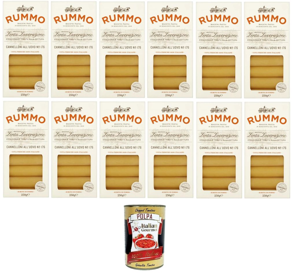 Rummo Cannelloni All'uovo Eier-Cannelloni N°176 langsame Verarbeitungsmethode, außergewöhnliche Kochbeständigkeit 12x250gr + Italian Gourmet po...