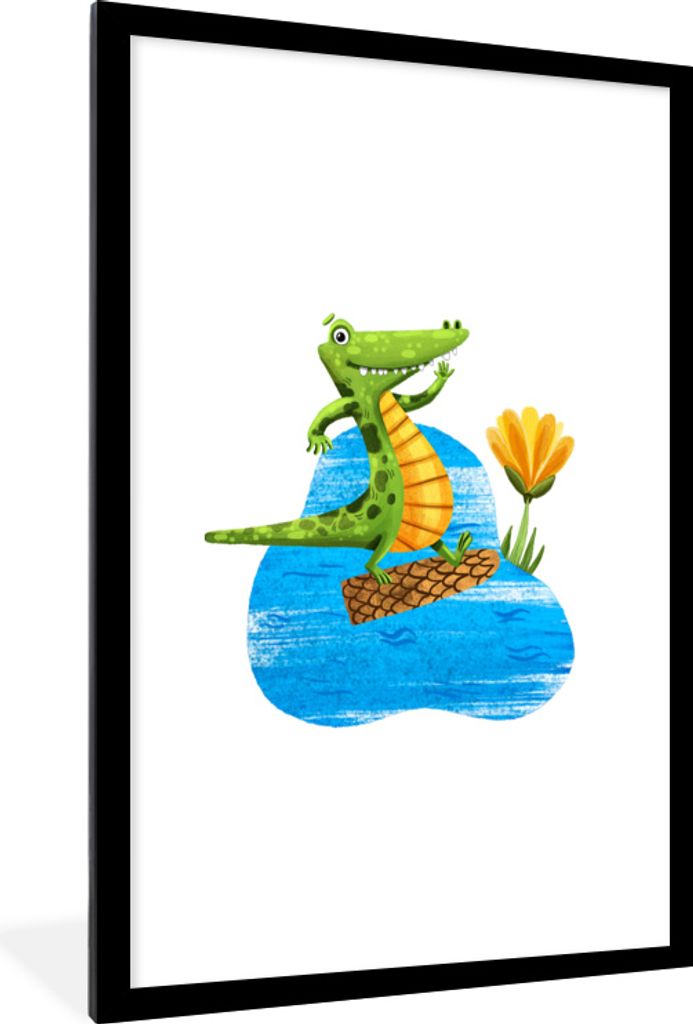 MuchoWow MuchoWow Gerahmtes Poster Krokodil - Blume - Dschungel 60x90 cm - Poster mit zchwarzem Bilderrahmen - Dekoration - Wandposter Wohnzimm...