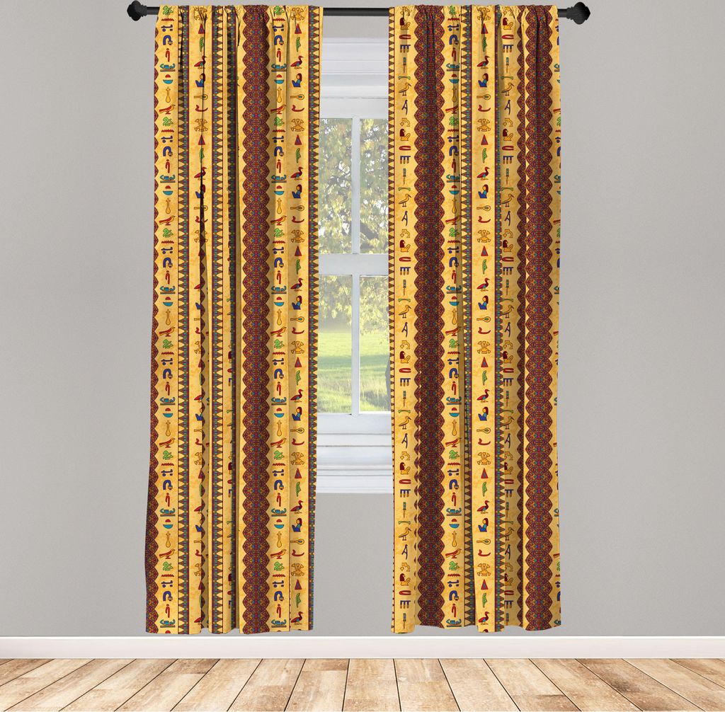 ABAKUHAUS ägyptisch Vorhänge, Gardinen, Alte Hieroglyphen und geometrischer Blumenverzierungs-Grenze gealterter Papierart-Hintergrund, 2 Stück 7...