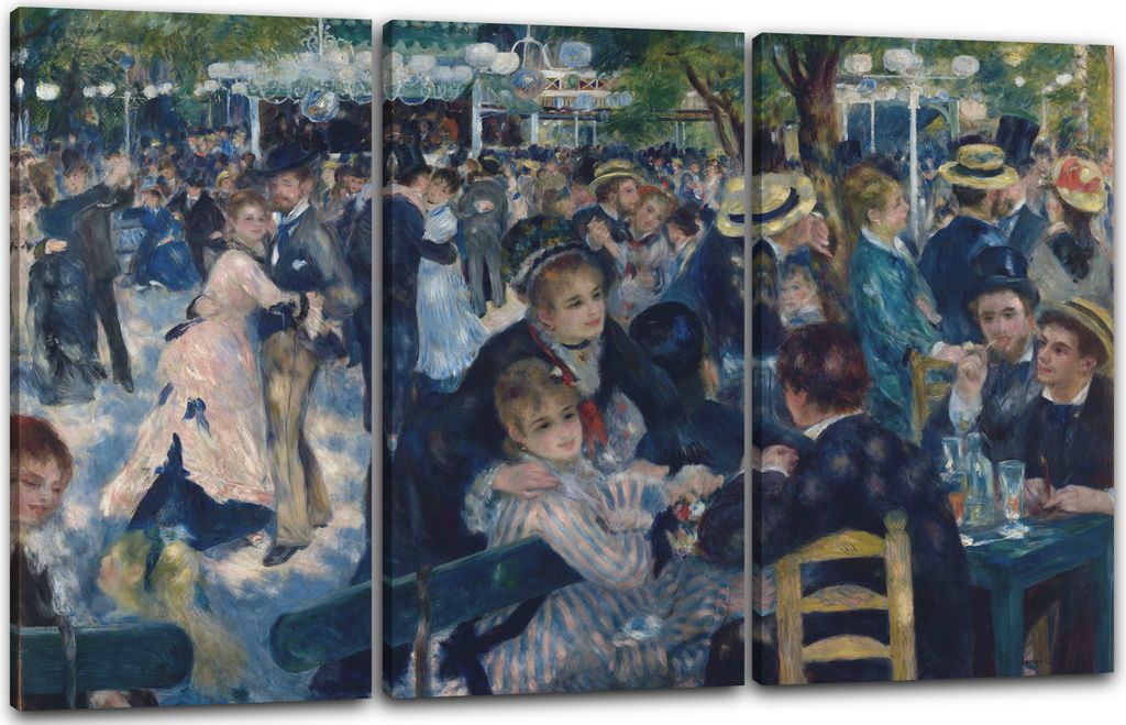 Leinwandbild 3-teilig (120x80cm): Pierre-Auguste Renoir - Bal du Moulin de la Galette, echter Holz-Keilrahmen inkl. Aufhänger, handgefertigt in De...