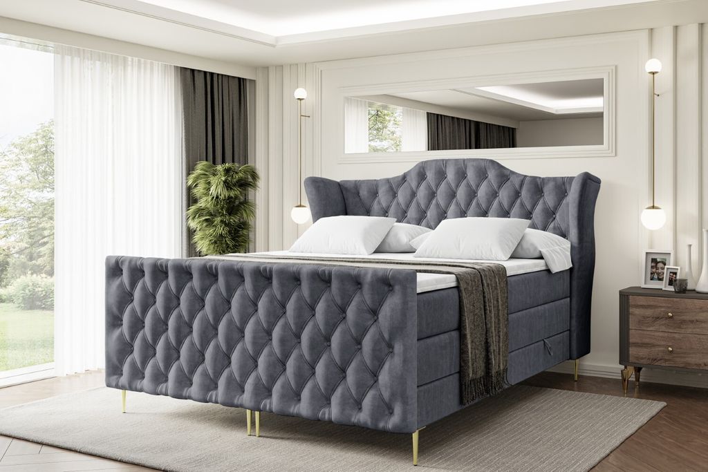 ALTDECOR Boxspringbett mit Gold Füßen, Matratze und Lattenrost, Topper, Fußteil, Polsterbett mit Bettkasten, Bett mit Stauraum H3- und H4- Matra...