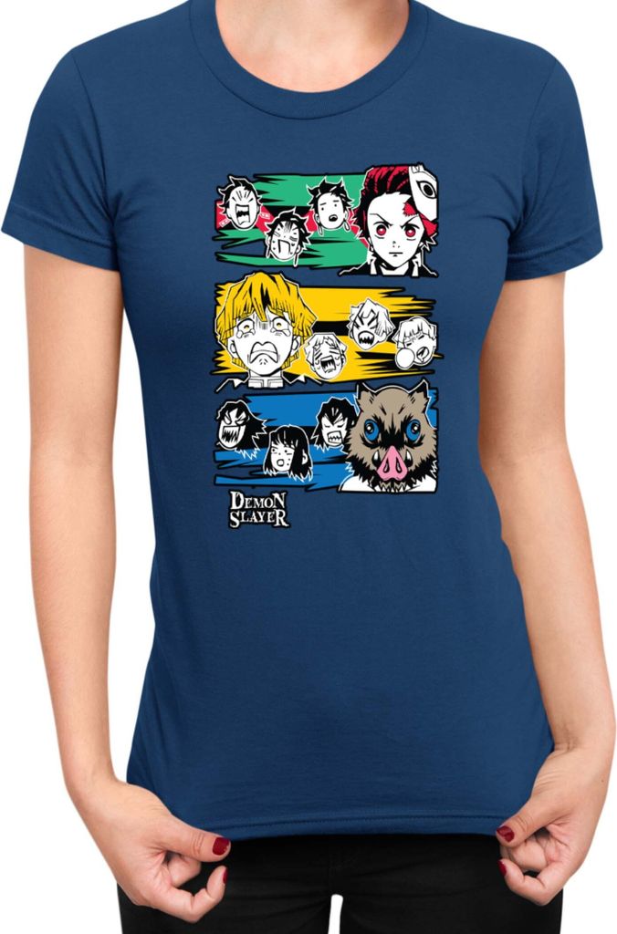 Damen T-Shirt Demon Anime Slayer Kimetsu No Yaiba Tanjiro Zenitsu Inosuke 001, Lady M / Dunkelblau