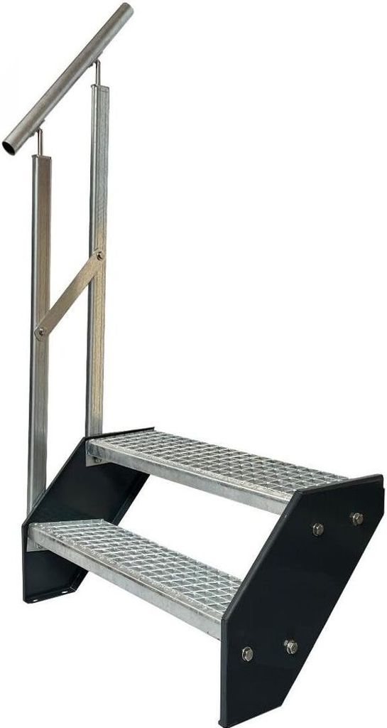 Gitterrost Stahl Wangentreppe 2 Stufen Verzinkt & Anthrazit Pulverlackierte Wangen + Geländer Links - (L x B x H) 44cm x 120cm x 38cm