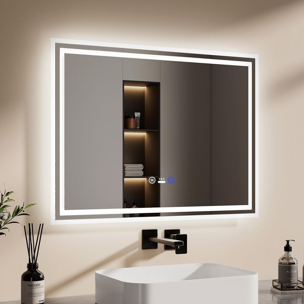 EMKE LED Badspiegel mit Bewegungssensor 80x60cm mit Touch, Beschlagfrei, 3 Lichtfarbe dimmbar, 1 Stunden automatische Abschaltung IP44 energiesparend