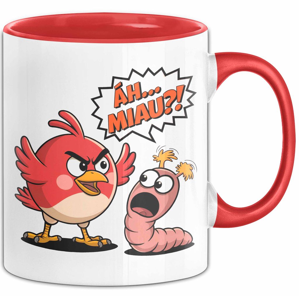 Regenwurm Vogel Tasse Geschenk Lustige Geschenkidee Spruch Ääh Miau (Rot)