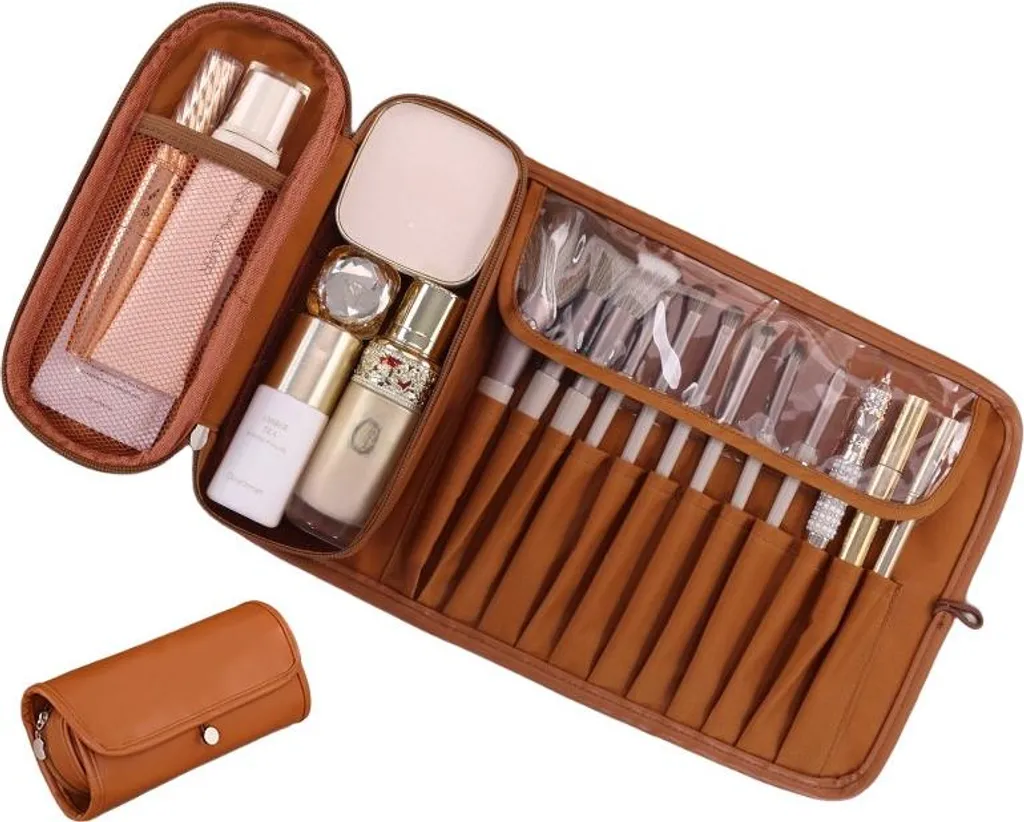 INF Borsa Trucco Pieghevole Multifunzionale - Organizer Cosmetici Professionale Marrone