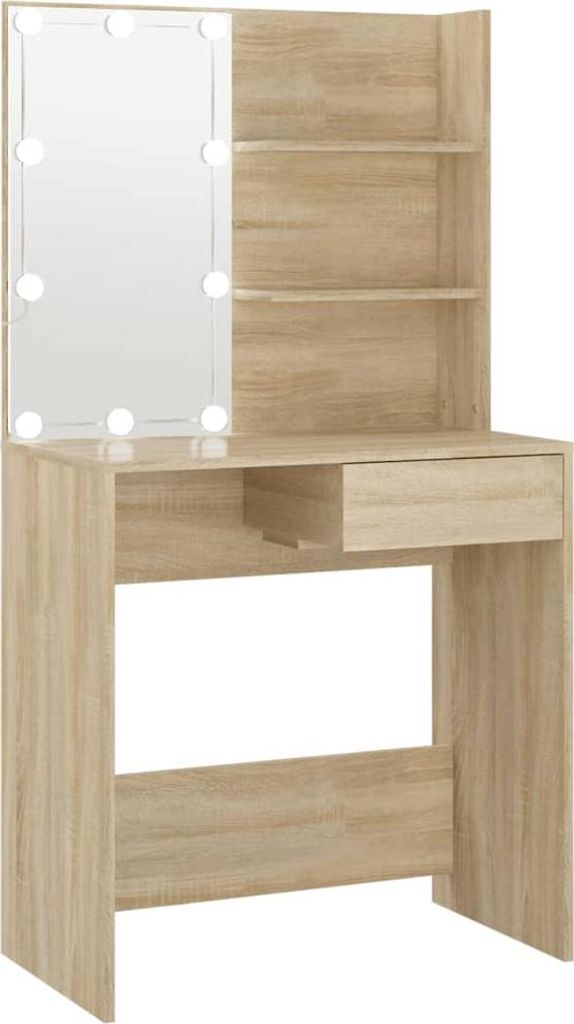 A vanity table with a mirror and shelves.