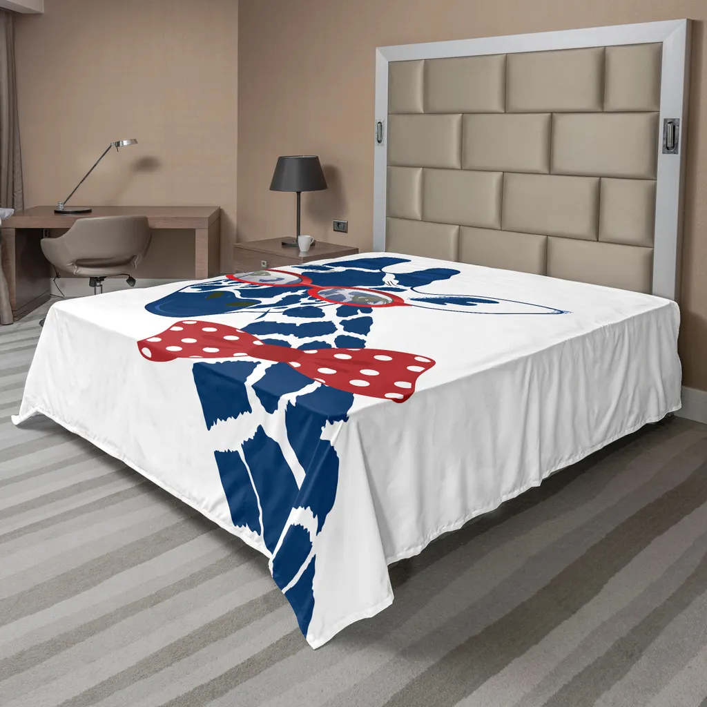 Drap plat Girafe à lunettes en microfibre douce 260x228 cm Bleu et Blanc