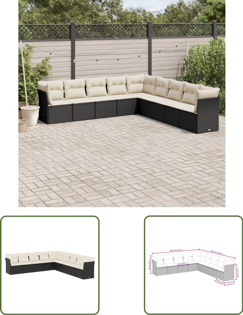 The Living Store 9-tlg. Garten-Sofagarnitur mit Kissen Schwarz Poly Rattan