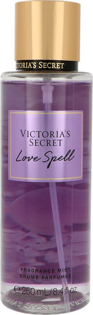 A bottle of Victoria's Secret Love Spell fragrance mist.