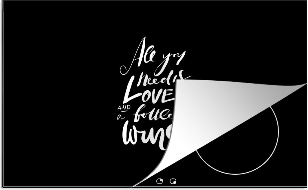 KitchenYeah Herdabdeckplatte Zitat "All you need is love and a bottle of wine" auf schwarzem Hintergrund , 76x51cm, Küche Deko, Glaskeramikfeld ...