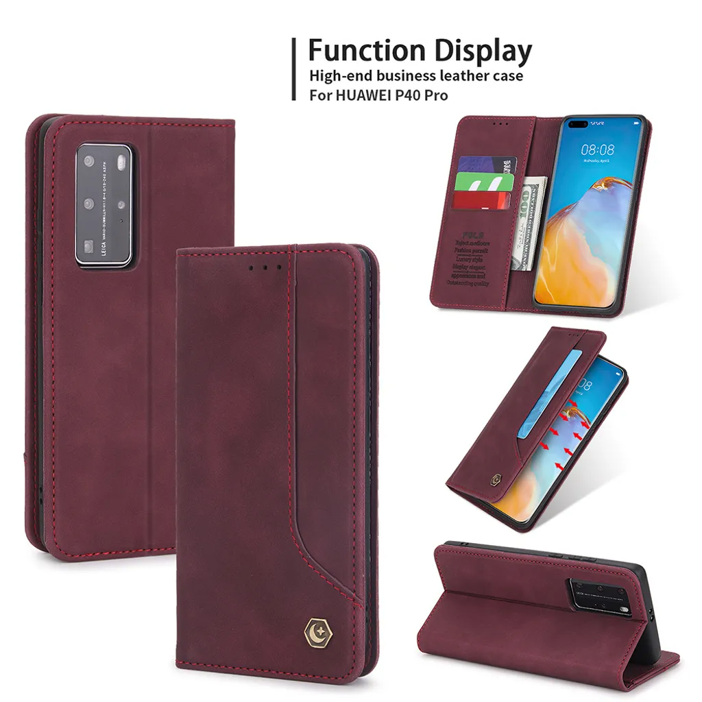 Custodia retrò in Finto cuoio per Huawei P40 Pro con design a portafoglio, porta carte e supporto rosso
